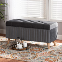 Baxton Studio HY2A19B046S-Grey Velvet-Otto Baxton Studio Hanley Modern and Contemporary Grey Velvet Fabric Upholstered and Walnut Brown Finished Wood Storage Ottoman